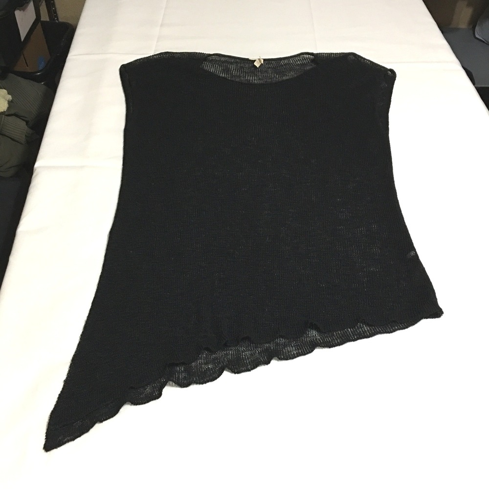 Eileen Fisher Mesh Knit Top Women XL Black Linen Blend Asymmetrical Hem